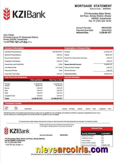 Kazakhstan KZI Bank mortgage statement Word and PDF template